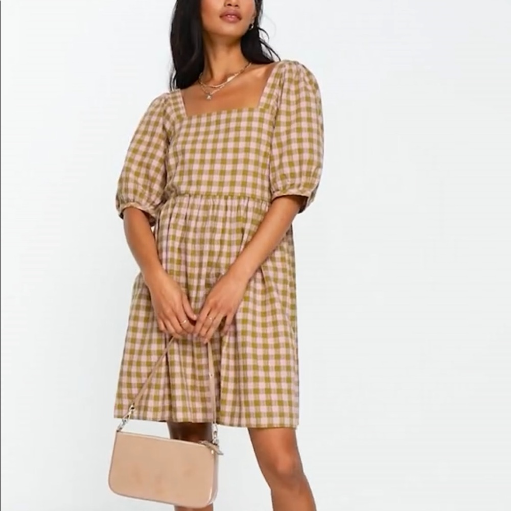 Madewell Gingham Check Mini Dress in Brown and White